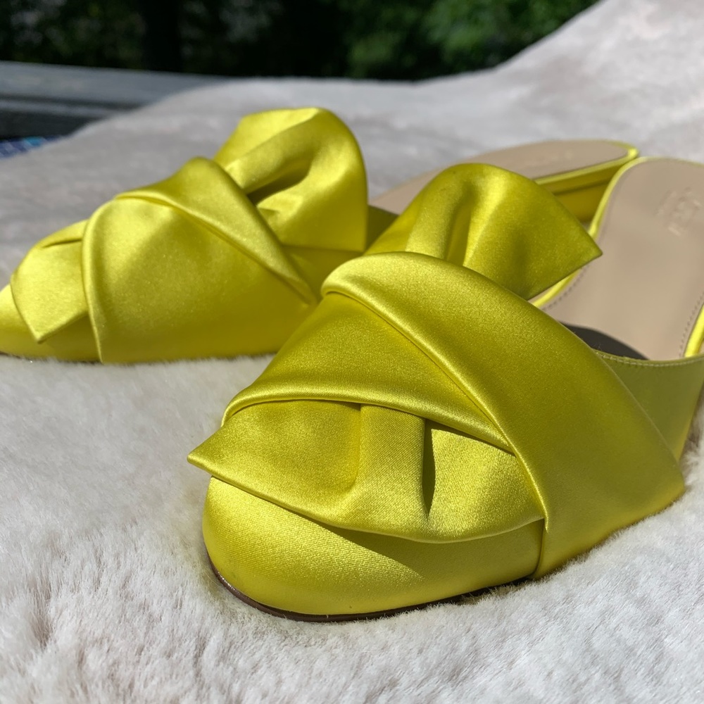 J. Crew Satin Knot Wedge Slides in Bright Yellow